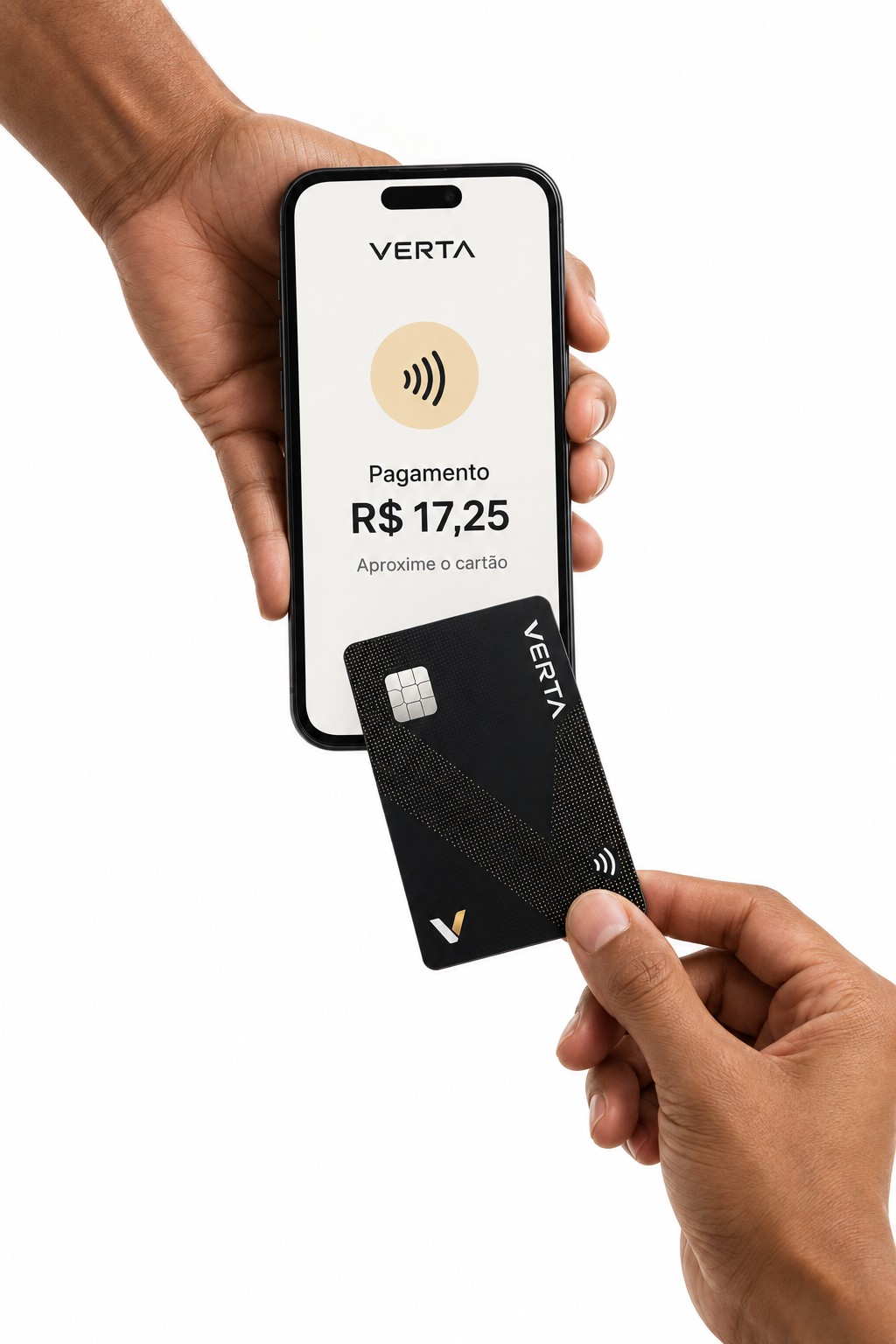 Cartão Verta sendo aproximado de um celular para pagamento